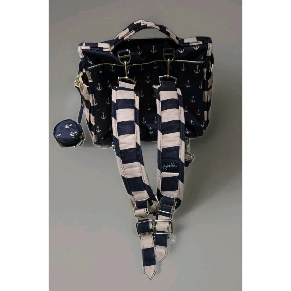 JuJuBe Commodore Tan Navy Size Large Nautical Anchor Stripes Diaper Bag Travel